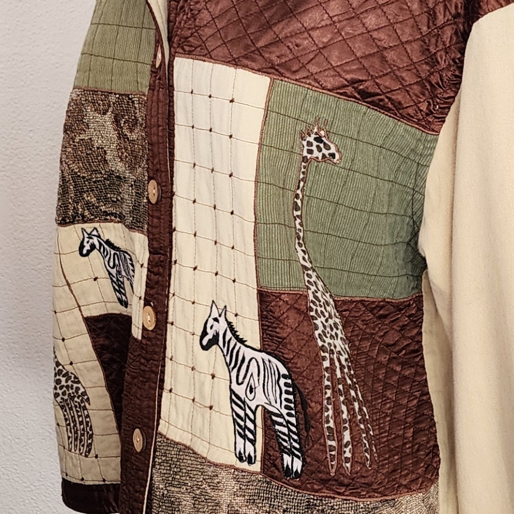New Direction Jacket 100% Cotton Safari Zebra Patchwork Cream Multi Size XL - Picture 13 of 14